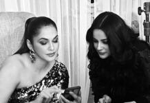 Isha Koppikar Instagram - Had a great time meeting @shehnaazgill on set! Such a beautiful and down to earth girl 😊 #ishakoppikarnarang #ishakoppikar #shehnaazgill #shehnaazkaurgill #onset #shooting #inconversation #behindthescenes #blackandwhite
