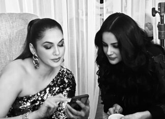 Isha Koppikar Instagram - Had a great time meeting @shehnaazgill on set! Such a beautiful and down to earth girl 😊 #ishakoppikarnarang #ishakoppikar #shehnaazgill #shehnaazkaurgill #onset #shooting #inconversation #behindthescenes #blackandwhite