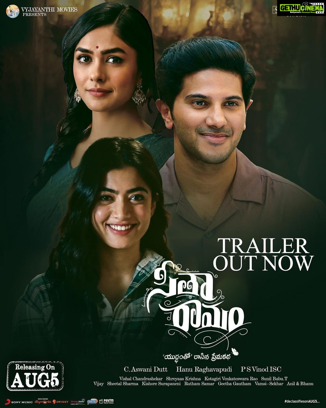 Mrunal Thakur Instagram - Love, War and Everything In Between. The epic unfolds now! #SitaRamamTrailer (Telugu): https://youtu.be/Ljk6tGZ1l3A #SitaRamam @dqsalmaan @hanurpudi @rashmika_mandanna @sumanth_kumar @bhumika_chawla_t @vennelakish @sharma_murli @tharunbhascker #ChalasaniAswaniDutt @composer_vishal #PSVinod #KotagiriVenkateswaraRao @mrsheetalsharma @vyjayanthimovies @swapnacinema @swapnaduttchalasani @priyankacdutt @sonymusic_south @tsunilbabu @ali_thohts @prasanth_ank7 @shreyaas_krishna @madhankarky @ashwathbhatt @sillymonksnt @shreyasgroup @swiggyindia @paytmtickets @radiocityindia @geethagautham @anilandbhanu @ursvamsishekar @prasad_darling @mrinal96 @sheelapanicker026 @bendthespoonmarketing #SitaRamamFromAug5 #declassifiesonAUG5 #DulquerSalmaan #SitaRamamTelugu #SitaRamamTamil #SitaRamamMalayalam #SitaRamamMovie