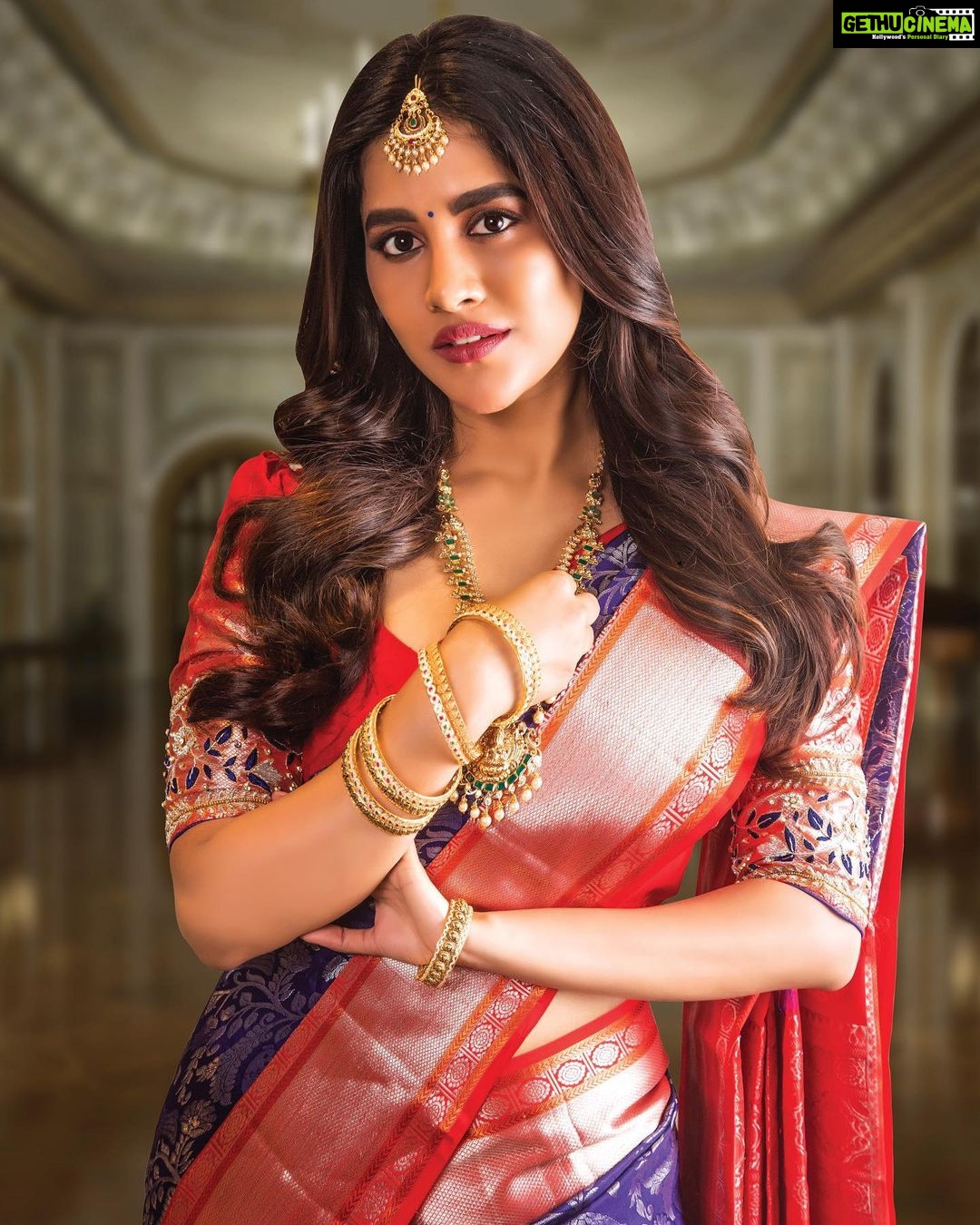 Nabha Natesh Instagram - Love the navy blue kanchivaram saree from @rsbrothersindia. A desiring look with its designs and colour combinations making it a masterpiece. Outfit by @rsbrothersindia Jewellery by @rsbrothers_jewellers Pic by @chinthuu_klicks Styled by @meghanaalluri #lovewearingsaree #kanchipattusaree #kanchisaree