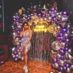 Naira Shah Instagram - Happy birthday to me! The galactic theme Purple be my fav🥰 Makeup by @taniadhingra Styled by @me Pics by @govin.mali @ribbons_n_balloons_ @toyroommumbai thank you for one of my best birthday ❤️ Doctor said no heels for a month! But @gucci did the job🙈💋 Toyroom Mumbai
