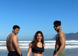 Nikki Tamboli Instagram - My very own desi boys in cape town @varunsood12 @vishalsingh713 😜 @colorstv #kkk11 #nikkitamboli #capetown #fun #shoot #beachlife #sunnyday Styled by- @stylebysaachivj @angel_croshet @vanita_parihar01
