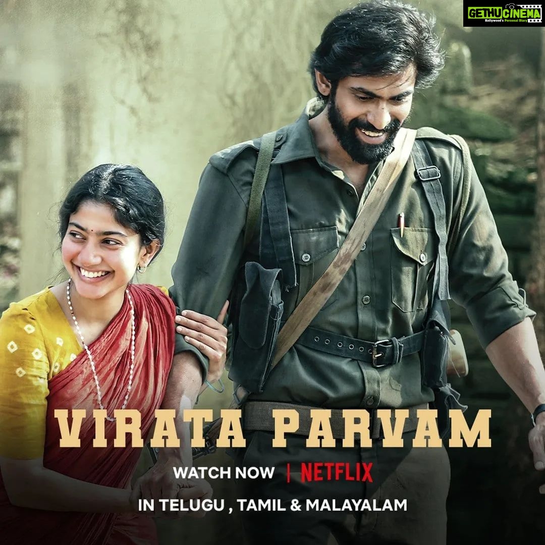 Rana Daggubati Instagram - A love story in the midst of a revolution ❤️🔥 Watch #VirataParvam now streaming in Telugu, Malayalam and Tamil on @netflix_in ! @saipallavi.senthamarai @nanditadasofficial @venuudugulafilm @pillumani @dancinemaniac @naveenchandra212 #SreekarPrasad @sureshproductions @slv_cinemas