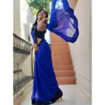 Raveena Daha Instagram - விழிகளில் ஒரு வானவில் 🌈💙 Saree and pearl Jewell set from :@saiganesh_collections ❤️ #raveena #raveenadaha