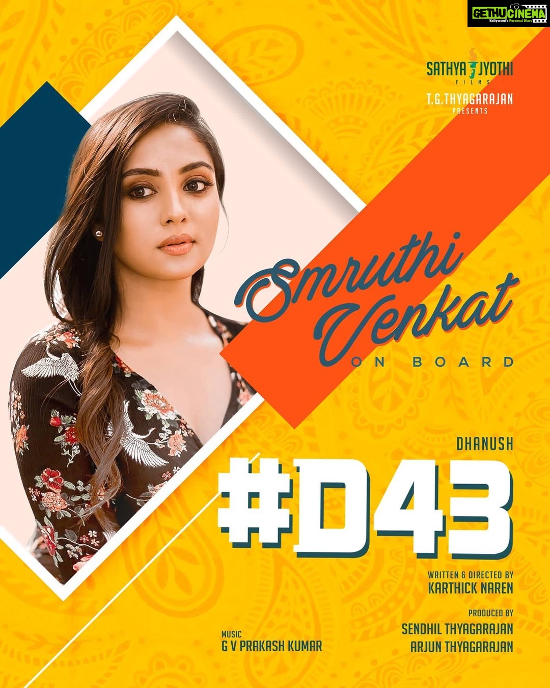Smruthi Venkat Instagram - On-Board #D43. ✨ Super thrilled to work with @dhanushkraja sir. Grateful to @karthicknaren_m and @sathyajyothifilms for the opportunity😇