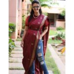 Swathishta Krishnan Instagram - Playing dress up begins at the age of 5 and never really ends 😆😆 #throwback . . Draping a silk saree with jeans ❤️ styled by @monz_tastefulmemories ❤️ Pc @vicky___075photography . . . . . . Home Sweet Home