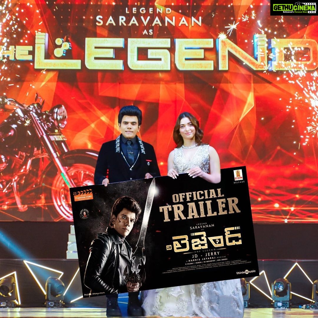 Tamannaah Instagram - #TheLegendSaravanan starring #TheLegendMovie Telugu Trailer is here. Super delighted to launch the Trailer of big budget Pan India extravaganza. Best wishes to the team behind this Pan India magnum opus. https://youtu.be/V3ND9XQfVTU #TheLegendSaravanaStoresProduction Wolrdwide release on July 28th! A @jharrisjayaraj musical 🎶 A @dir_jdjerry directorial #TheLegend #TheLegendNewSaravanaStoresProduction #TheLegendFromJuly28 @thelegend_movie @jd_filmreviews @r.velraj.isc @vairamuthuoffl @livingstonruben @ssmoorthybfa @anlarasu007 @kavingarsnekan @madhankarky #RajuSundaram @brinda_gopal @dineshmaster_official @urvashirautela @iamraailaxmi #Vivek @kameelanasser #Prabhu #Vijayakumar @yogibabuactor @yashikaaannand @njsatz @designertinarosario #ReddotDesign @ursvamsishekar @onlynikil @palani.raja @thinkmusicindia @gobeatroute #nm