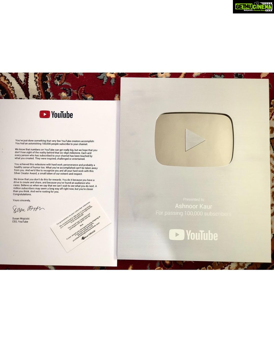 Ashnoor Kaur Instagram - Silver button in sucha short span of time! This isn’t mine, it’s ours❤️ 1L subs happened quite some time ago, and got this silver button 10 days ago, hahaha yes this was in the mystery box👅❤️ @YouTube @youtubeindia