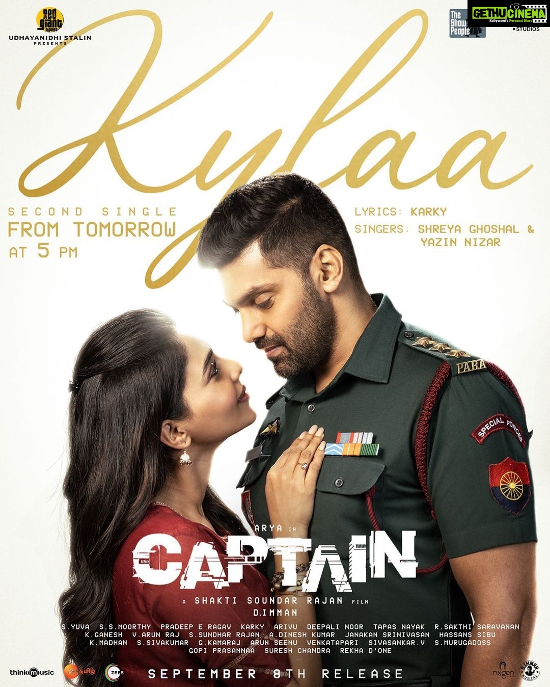 D. Imman Instagram - #Kylaa, sung by @shreyaghoshal and Yazin Nizar from #Captain is releasing tomorrow at 5PM! ❤️ A foot tapping romance number on its way✨ Lyric by Karky! A #DImmanMusical @arya_offl @ShaktiRajan @SimranbaggaOffc @madhankarky @tkishore555 @DoneChannel1 Praise God!