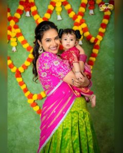 Hari Teja Instagram - These are the days I never want to forget .. holding u is my favourite part of life .. loads of love to u my bhoomi talli ❤️ Thank u @riya_designing_studio for these beautiful outfits ❤️❤️ PC: @giggles_photography_hyd ❤️. Makeup & hair : @vimalareddymakeovers ❤️