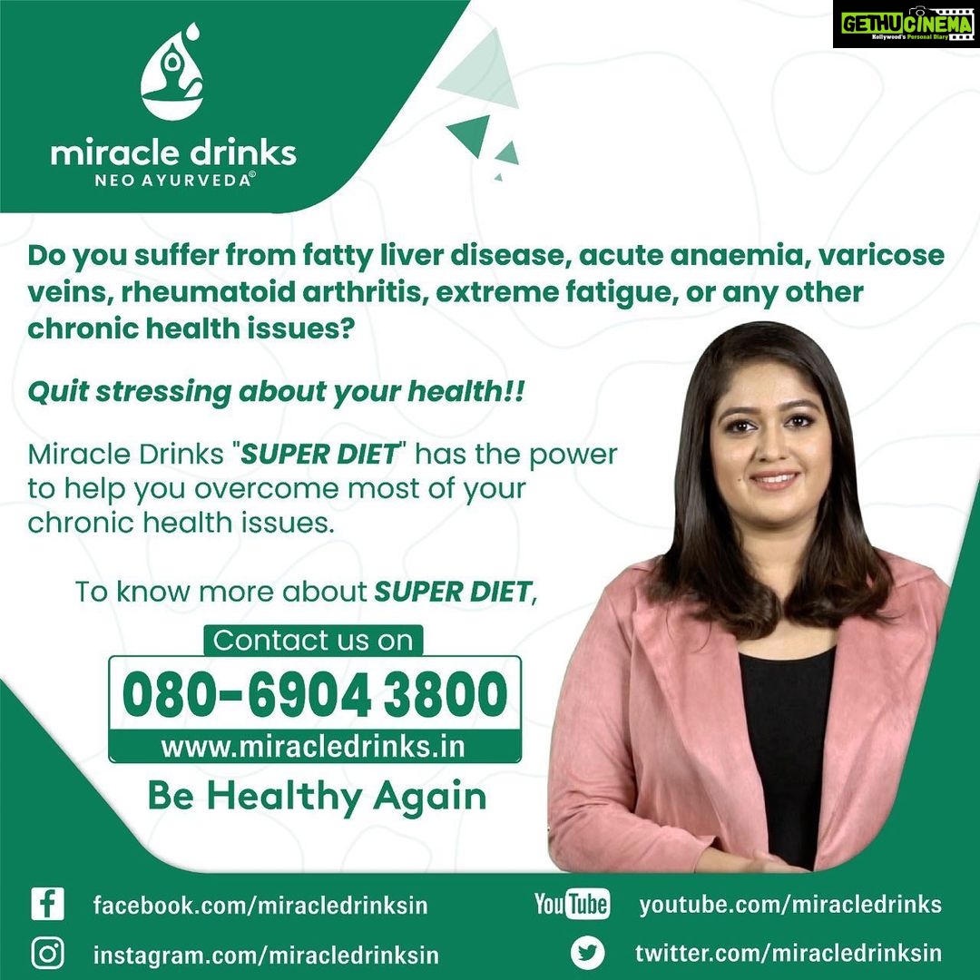 Meghana Raj Instagram - Are you suffering from fatty liver disease, acute anaemia, varicose veins, rheumatoid arthritis, extreme fatigue or other chronic health issues? Quit stressing about your health!! Miracle Drinks "SUPER DIET" has the power to help you overcome most of your chronic health issues. Miracle Drinks is a range of 14 unique Ayurvedic medicines, based on the proprietary science of Neo-Ayurveda, helping address 170 different chronic ailments. For more information on Miracle Drinks Super Diet visit https://www.miracledrinks.in/pages/miracle-drinks-super-diets For Consultation with our Doctors kindly call to 080-69043800 or give a missed call to 080-68264447. #miracledrinks #neoayurveda #ayurveda #behealthyagain #healthawareness #superdiet