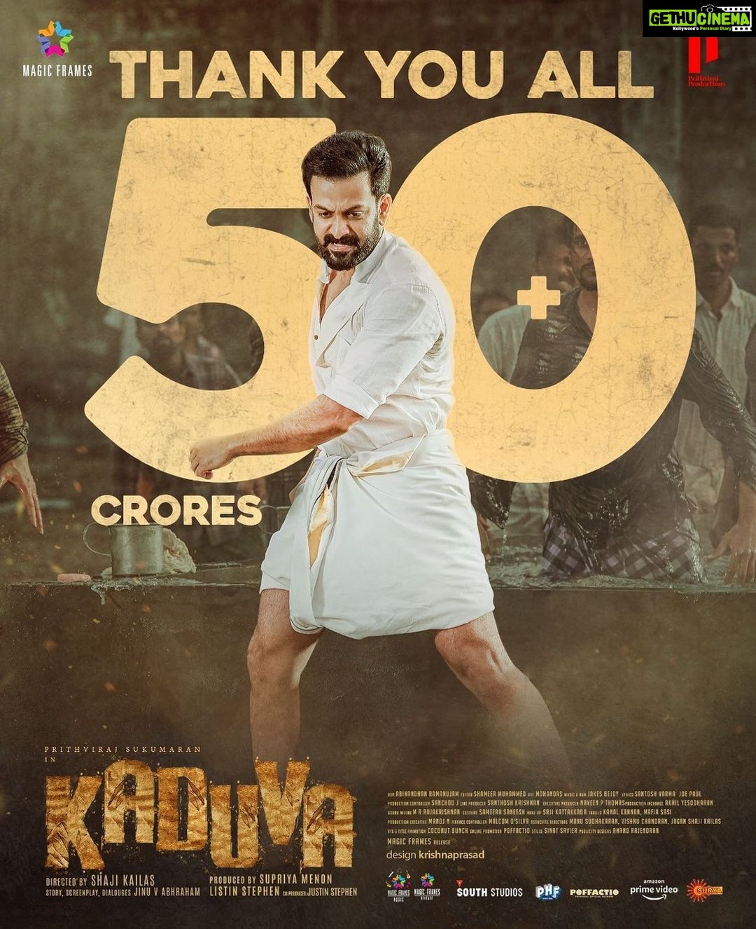 Prithviraj Sukumaran Instagram - Thank you for the love once again! ❤️❤️❤️ 50 + Crores worldwide at the Global Box Office! #KADUVA 🔥 @prithvirajproductions @magicframes2011 @shaji_kailas_ #JinuAbraham