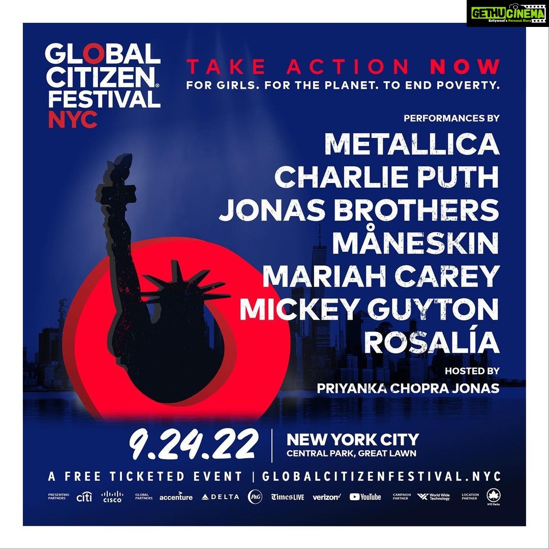 Priyanka Chopra Instagram - It’s almost been 10 years since the first time @glblctzn brought the world together in NYC’s Central Park for #GlobalCitizenFestival. Since then, I’ve had the honor to join activists and influential leaders on the Global Citizen stage in New York in 2016 and 2017, in 2021 in Paris, and now once again for the 2022 Global Citizen Festival: NYC! As a Global Citizen Ambassador, I’ve seen firsthand the impact we can make when we come together and take action to end extreme poverty. Global Citizens all around the world have taken over 30.4 million actions to support this mission, and those actions have impacted 1.15 billion lives worldwide. But this work is more urgent now than ever. Take action NOW for girls, for the planet, and to end poverty, and join me on Sept. 24 in Central Park! Central Park, New York City