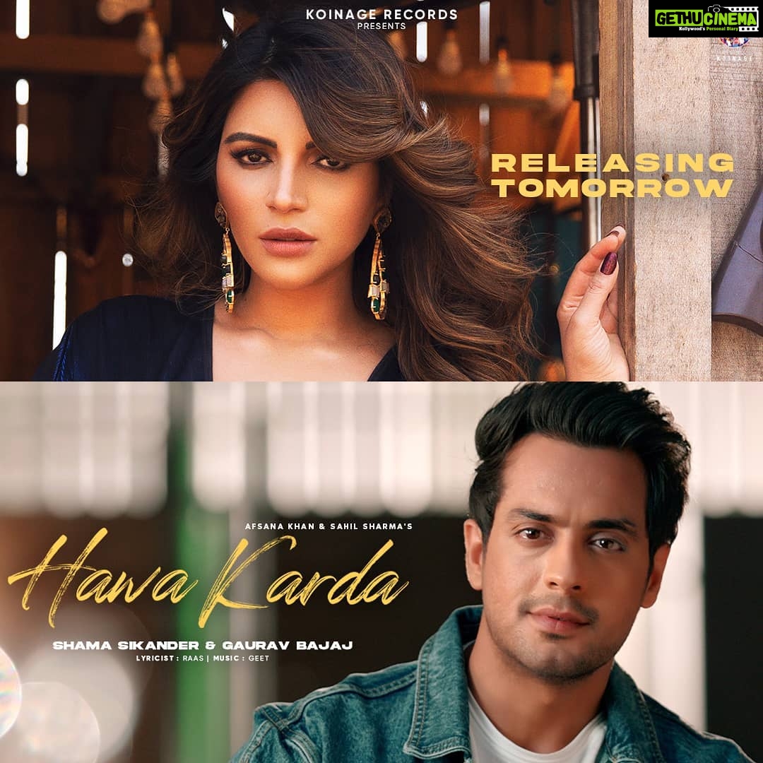 Shama Sikander Instagram - There was a spark, there was passion, and there was love. Then what has kept them apart? After a few years, when they finally meet. Will they confess their love for each other? Hawa Karda is releasing tomorrow!! ππ Stay tuned and follow this space for further updates. @itsafsanakhan @sahilsyndicate @shamasikander @gauravsbajaj @dhwanigautam @heyalokthakur @raaschaawla @geetworldwide @katalystworld . . . #KoinageRecords #HawaKarda #AfsanaKhan #ShamaSikander #GauravBajaj #SahilSyndicate #PunjabiSong #Punjabi #PunjabiTrack #PunjabiMusic #Pollywood #PunjabiSingers #PunjabiSongsInsta #PunjabiSongNew #RomanticSongs #MusicAlbums #RecordLabel #NewTrack