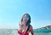 Shama Sikander Instagram - When the ocean said….Hiiiiii😁🌊 . . . #beautiful #beach #honeymoon #sassy #style #influencer #travel #love #ocean #pictureoftheday #photoshoot #mykonos #shamasikander Mykonos, Greece