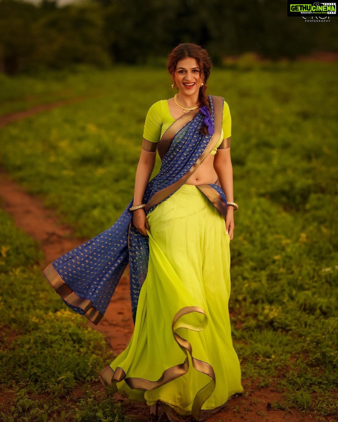 Shraddha Das Instagram - Dhee 14 Village theme look 🙈 Never done it,but was fun Half saree designed and stitched by @shrutiigclothing Jewellery: @shrutiigclothing , Bangles: @stylekarmaa , @anayah_jewellery Hair : @hair_by_vaibhavi_ Make up : @hareshwarp Shot by @ekorphotography #halfsaree #villagegirl #dhee #dhee14 #villagetheme #hyderabad #shraddhadas Hyderabad India