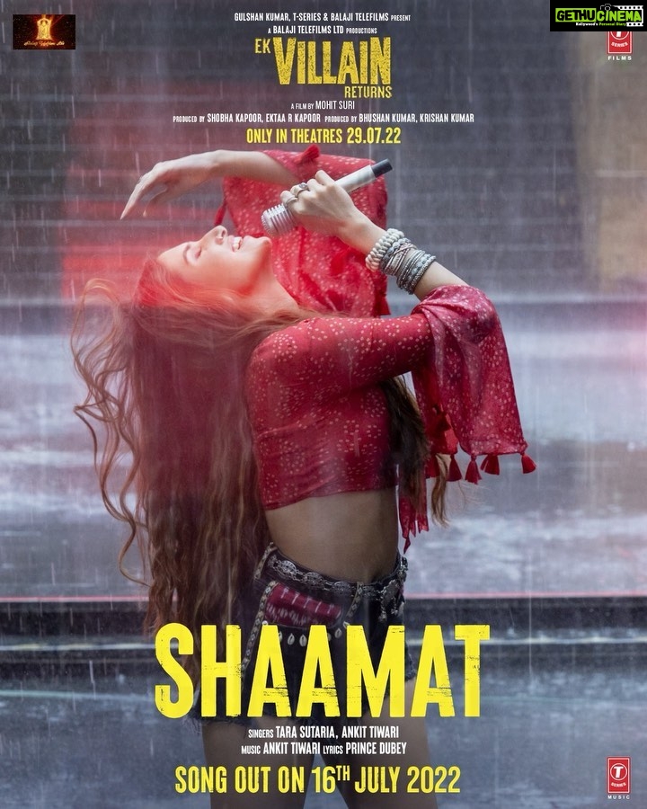 Tara Sutaria Instagram - Here’s a sneak peak!!! Are you ready for the rock anthem of the year??? SHAAMAT! Releasing July 16, 2022❤️🔥🎤🎸 #EkVillainReturns, in cinemas this Villaintines Day- 29th July 2022. @thejohnabraham @arjunkapoor @dishapatani #BhushanKumar #KrishanKumar @ektarkapoor @mohitsuri @shobha9168 @ruchikaakapoor @amulvmohan @aseemarrora @ankittiwari #PrinceDubey @balajimotionpictures @tseriesfilms @tseries.official #BalajiMotionPictures @aafilms.official @shivchanana