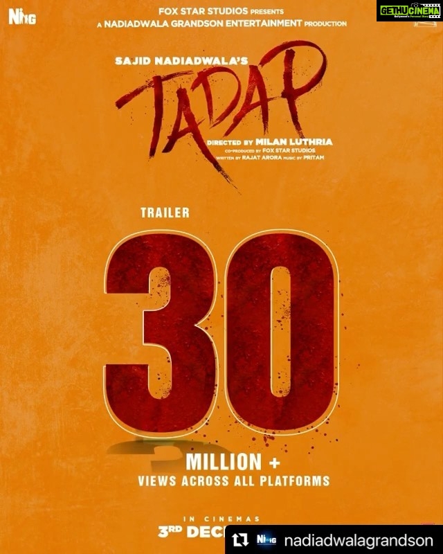 Tara Sutaria Instagram - Thank you for loving Ramisa! 30 Million + Views on #Tadap's trailer in the last 24 hours β€οΈβπ₯ Trailer out now! Link in bio. #FoxStarStudios @ahan.shetty #SajidNadiadwala @milan.a.luthria @rajat__aroraa @ipritamofficial @nadiadwalagrandson @foxstarhindi @wardakhannadiadwala @tseries.official
