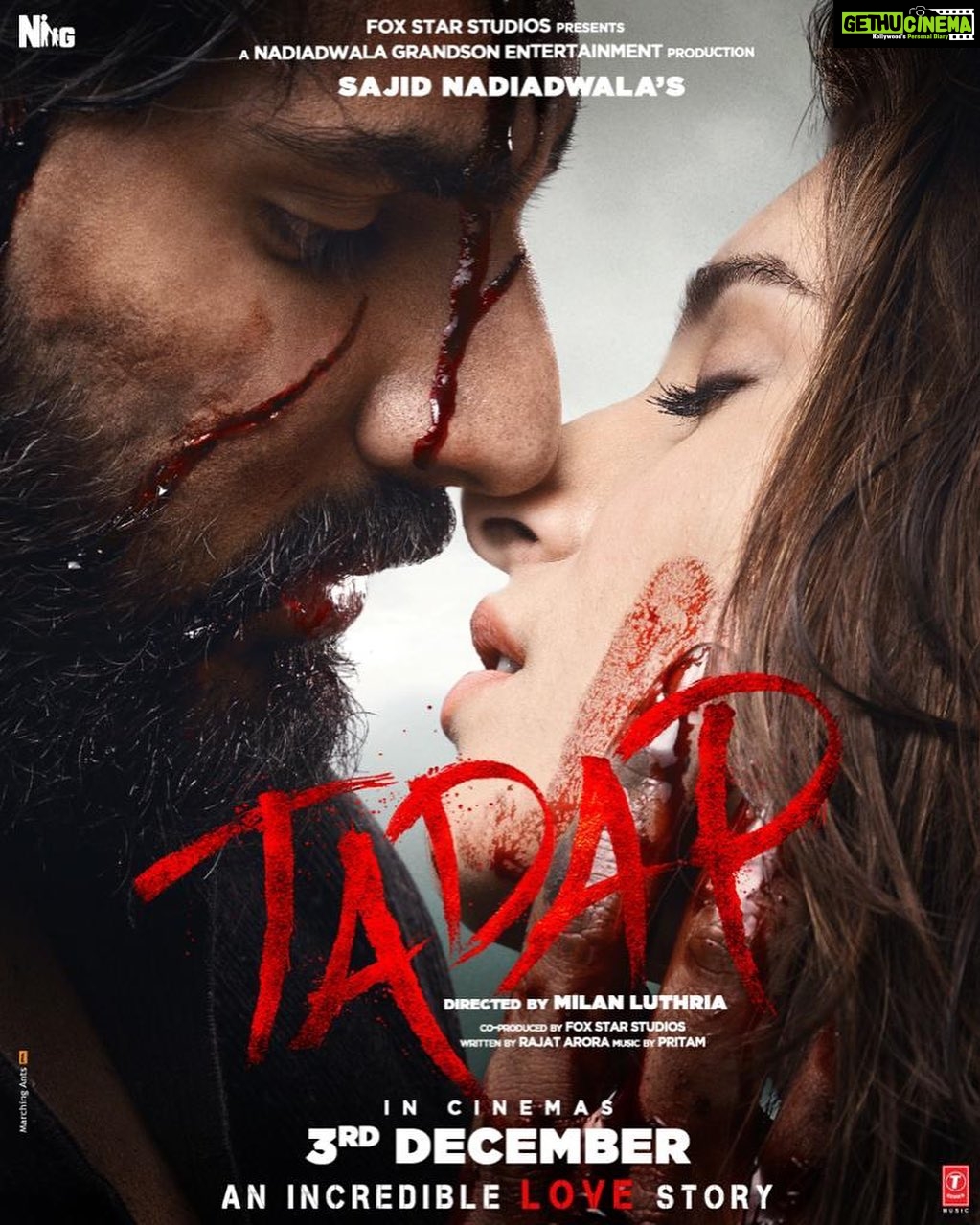 Tara Sutaria Instagram - They dared to love unconditionally 🔥 Trailer Out at 1 PM Watch #SajidNadiadwala’s #Tadap in cinemas on 3rd December 2021 #FoxStarStudios @ahan.shetty @milan.a.luthria @rajat__aroraa @ipritamofficial @nadiadwalagrandson @foxstarhindi @wardakhannadiadwala @tseries.official