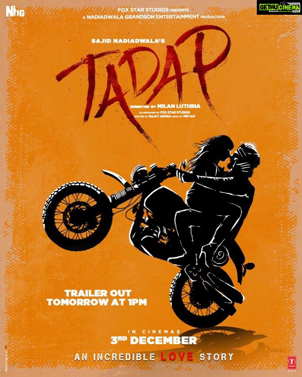 Tara Sutaria Instagram - You ready for what’s coming tomorrow? 🔥 #Tadap Trailer Out Tomorrow at 1 PM 💥 @ahan.shetty #SajidNadiadwala @milan.a.luthria @rajat__aroraa @ipritamofficial @wardakhannadiadwala @nadiadwalagrandson @foxstarhindi #FoxStarStudios @tseries.official