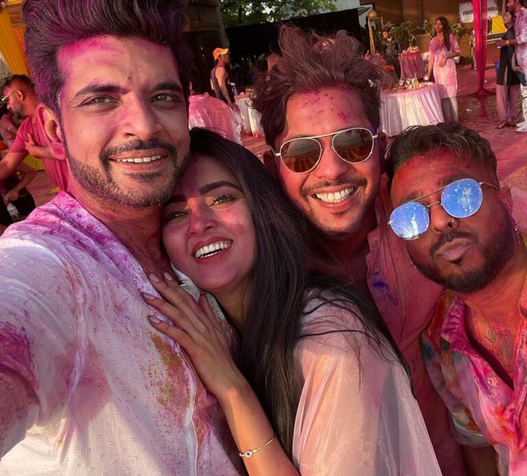Tejasswi Prakash Instagram - yes yes she managed to put colour on me first.. happy holi from us to you!!