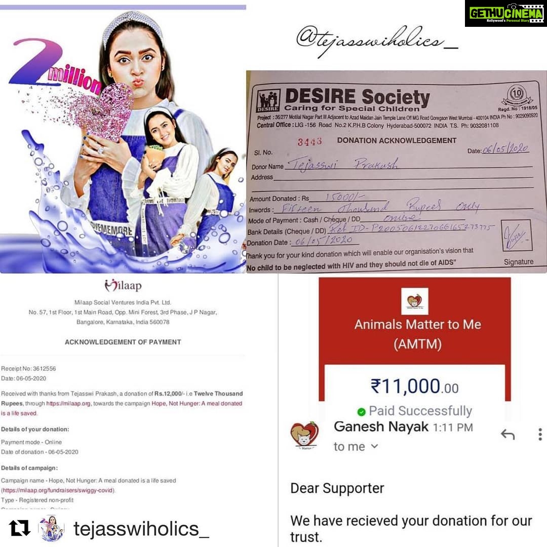 Tejasswi Prakash Instagram - I feel so blessed to have fans like you’ll...it’s all because of you’ll that today I have 2 million people following my page...it has given me a feeling of responsibility to work harder every day...try new things like I have been...and I have only been able to do all of it because of your unconditional love...and I promise to continue doing so... This image is of all the donations my fans have done to people who need it ...as a gift to me for the following I have reached today... There couldn’t have been a better way of celebrating it...and you’ll could only do it because you’ll are so kind at heart and probably that’s why you’ll love me...I honestly don’t know if I have even done enough to even deserve it... Mentioning people who took the initiative...thank you again❤️ Ayushi, Farheen, Ganga, Mounika, Neethu, Nia, Payal, Porkalai, Pranavi, Priya, Rup, Sash, Shikha, Soundari, Sravani, Srilatha, Sudhi, Swati, Sweta, Tejaswini, Trisha & Vinay. #Repost @tejasswiholics_ with @get_repost ・・・ Finally the day has arrived.. our family have crossed the 2Million mark.. yes we still believe it doesn't count anyone's talent or popularity or anything.. but it brings us immense joy to see this milestone.. we wanted to do something memorable and as always for Teju and Tejasswians there is nothing better than bringing a smile on a need ones face so we raised an amount to help the kids, stray animals and the starving.. We are so happy and proud of your journey.. It didn't happened overnight, your 2M journey happened like the way your ITV journey happened.. The growth was consistent and you got new fans for your each and every show's character and we believe that's the real achievement for an actor.. Ragini gave you fans.. Diya gave you fans.. Urvi gave you fans.. Mishti gave you fans.. Tejasswi gave you fans (which you always wanted and it happened because of kkk10) Like this you are keep getting love and respect.. We love you.. We admire you.. We respect you.. Ris