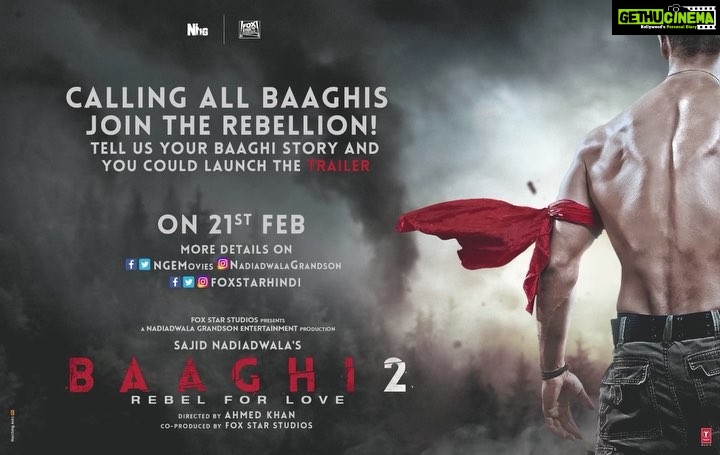 Tiger Shroff Instagram - Are you a #Baaghi2 (too!)? Join the rebellion, tell me your story with #BeABaaghi and join @dishapatani and me for the trailer launch on 21st Feb. #SajidNadiadwala @khan_ahmedasas @nadiadwalagrandson @foxstarhindi