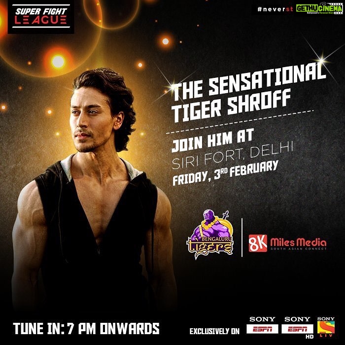 Tiger Shroff Instagram - #Repost @thefightleague ・・・ Catch @tigerjackieshroff cageside at #SuperFightLeague tonight, 3rd February at Siri Fort, New Delhi! #NeverStopFighting #SFL #TigerShroff #India #MMA #MixedMartialArts @billdosanjh