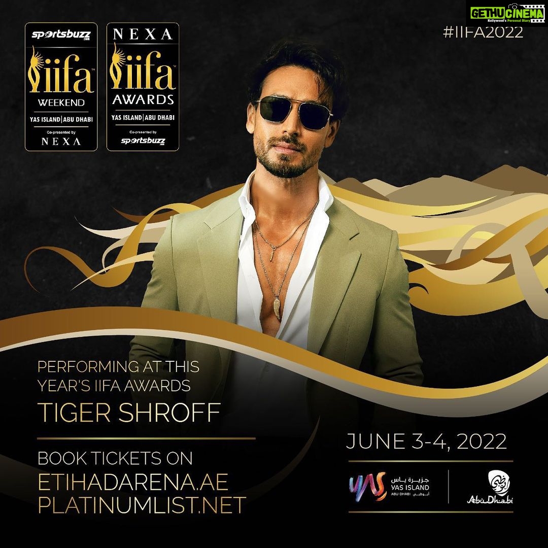 Tiger Shroff Instagram - Ready for a weekend of fun, entertainment and everything Bollywood? I am! Buy your tickets now from etihadarena.ae and book a seat amongst all your favorite bollywood stars. #IIFA2022 #YasIsland #InAbuDhabi #NEXA #CreateInspire #EaseMyTrip #Sportsbuzz @iifa @yasisland @visitabudhabi @nexaexperience @easemytrip @sports.buzz.official