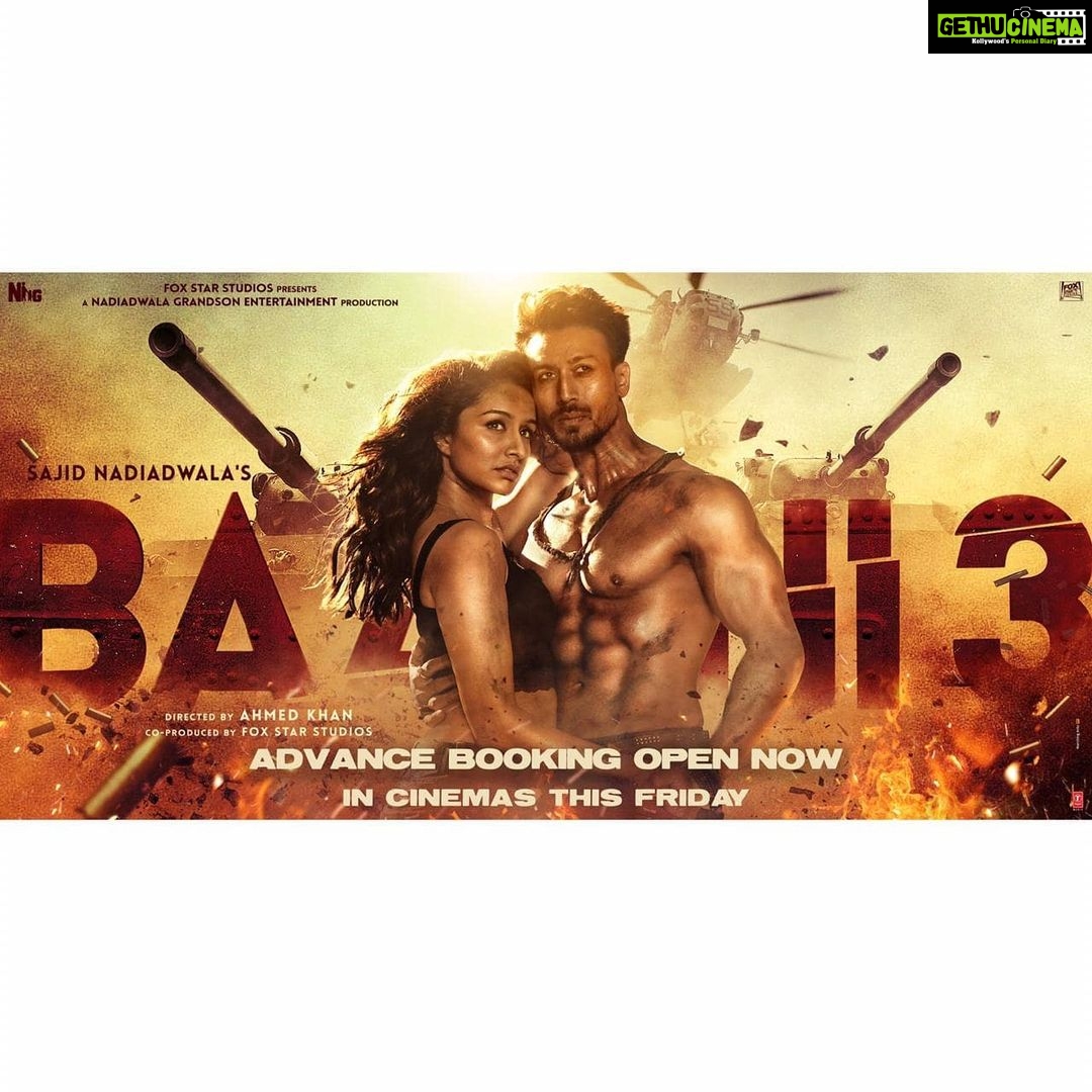 Tiger Shroff Instagram - The wait is over Baaghians! Book your seats & get ready to witness the action-packed drama in cinemas, this Friday. #SajidNadiadwala’s #Baaghi3 advance bookings are open now. Book your tickets! #LinkinBio @shraddhakapoor @riteishd @khan_ahmedasas @wardakhannadiadwala @santha_dop @foxstarhindi @nadiadwalagrandson