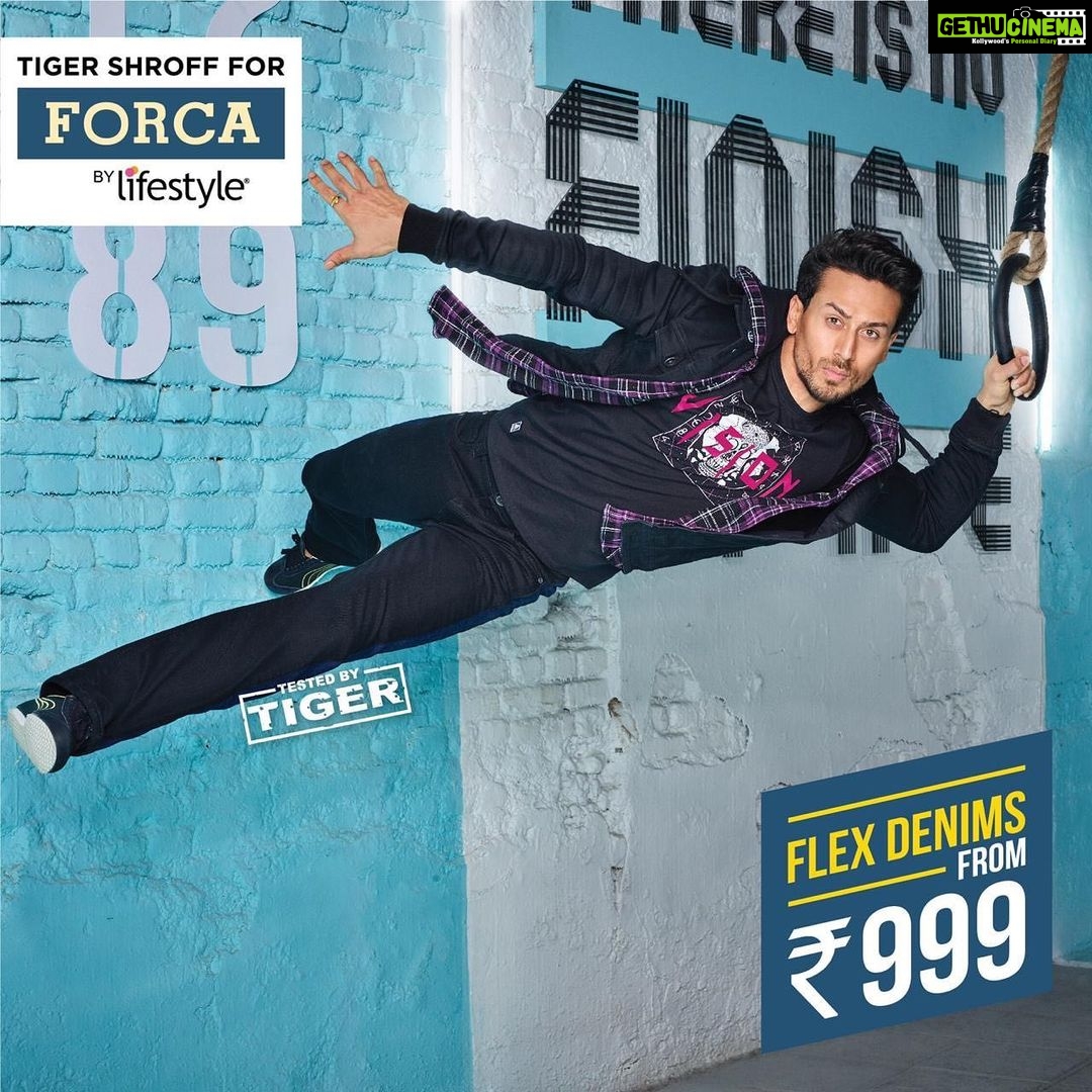Tiger Shroff Instagram - The all new Forca collection is out NOW, Get the best in Trends with Tape denims, Hooded shirts, Light Jackets, statement tees and lots more. also send me your flex moves in denims and stand a chance to win Cool merchandise from Forca by @lifestylestores! P.S don’t forget to tag @lifestylestores and use all the # #TigerForForca #TestedByTiger #FlexDenims #ForcaByLifestyle #LifestyleStores #Fashion #Denim