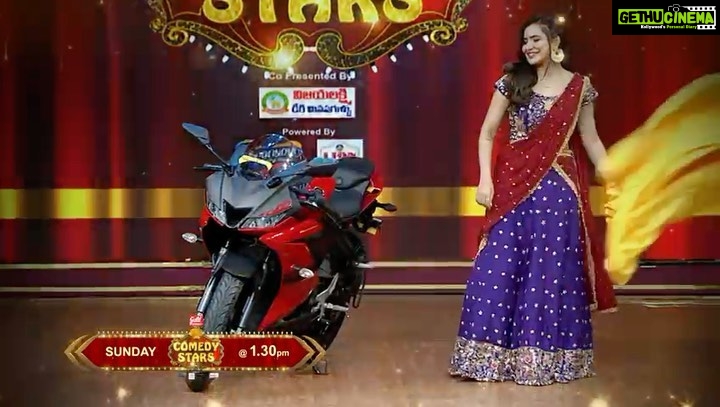 Ashu Reddy Instagram - Don't miss #comedystars this sunday only on @starmaa @oak_entertainments @errollasantosh @poojarao_ananth #ashureddy #starmaa #bikegift #bikelovers dress by @argalacouture9 🥳