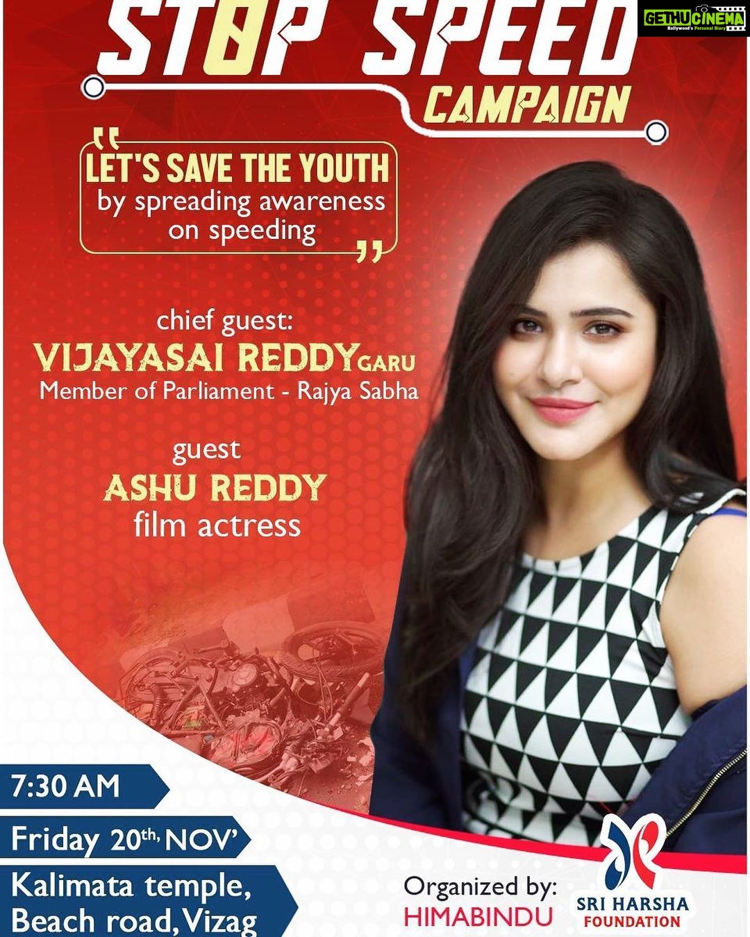 Ashu Reddy Instagram - Vizaaaag, I'm coming! Join me at Beach Road, kalimatha temple on 20th November, 7:00AM ..🌹 🎁 #stopspeedingcampaign #ashureddy