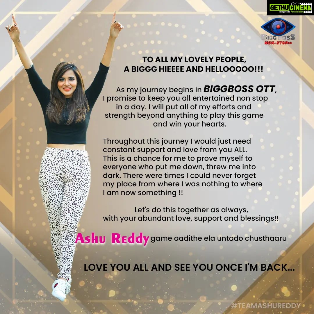 Ashu Reddy Instagram - To all my lovely people, A biggg Hieeee and Hellooooo!!🤗 As my journey begins in BiggBoss OTT, I promise to keep you all entertained non stop in a day. I will put all of my efforts and strength beyond anything to play this game and win your hearts. Throughout this journey I would just need constant support and love from you ALL. This is a chance for me to prove myself to everyone who put me down, threw me into dark. There were times I could never forget my place from where I was nothing to where I am now something !! Let's do this together as always, with your abundant love, support and blessings!! Ashu Reddy game aadithe ela untado chusthaaru♥️ LOVE YOU ALL AND SEE YOU ONCE I'M BACK. 🏆 #Ashureddy #bigbossott #BiggBossNonStop