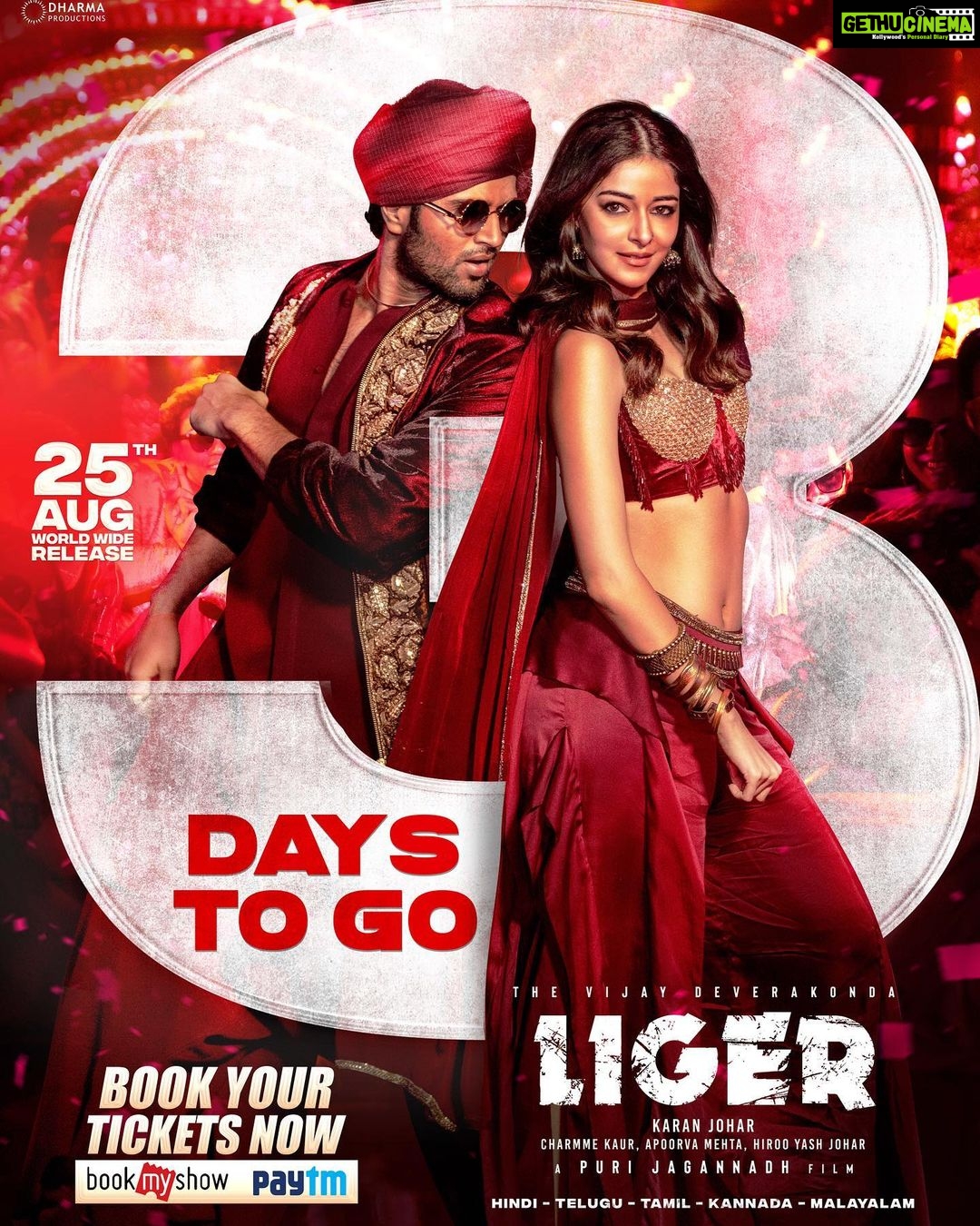 Charmy Kaur Instagram - In 3 Days! Experience an endearing LOVE of this CRAZIEST DUO at your Nearest Cinemas❤️ #Liger WW from AUG 25🔥 Book your tickets now! 🎟 bit.ly/LigerBMS 🎫 bit.ly/LigerPaytm @TheDeverakonda @ananyapandayy @karanjohar #PuriJagannadh @DharmaMovies @PuriConnects