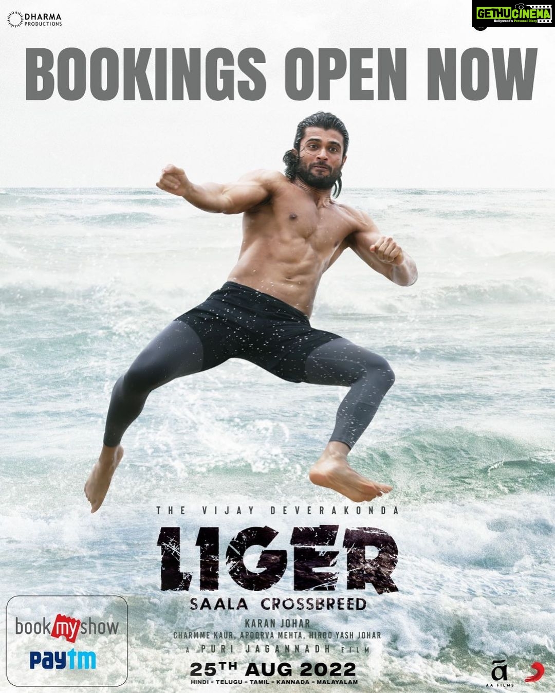 Charmy Kaur Instagram - The #LIGER is ready to KNOCK OUT in style💥 BOOKINGS OPEN NOW for the Mass Action Entertainer🤘 🎟 bit.ly/LigerBMS 🎫 bit.ly/LigerPaytm In Cinemas from AUG 25🤙🏾 #WaatLagaDenge @TheDeverakonda @ananyapandayy @karanjohar #PuriJagannadh @apoorva1972 @DharmaMovies @PuriConnects