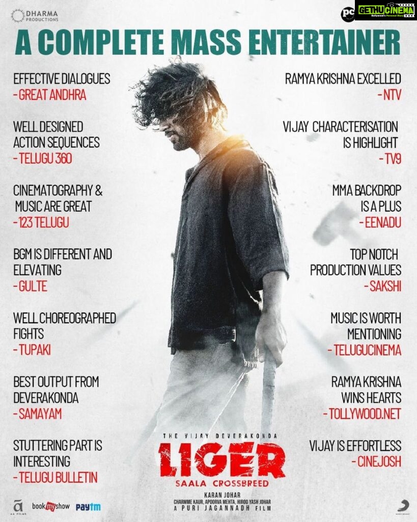 Charmy Kaur Instagram - The #LIGER stood as a Complete MASS ENTERTAINER with impressive reactions from all corners🤩 Watch In your Nearest Theaters💥 🎟️ bit.ly/LigerBMS 🎫 m.paytm.me/s_liger @TheDeverakonda @ananyapandayy @karanjohar #PuriJagannadh @DharmaMovies @PuriConnects