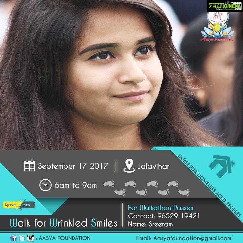 Deepthi Sunaina Instagram - This 17th of September, 2017, come let's walk together for spreading awareness to help the senior citizens of our society. Venue : Jalavihar Time : 6am - 9am Date : 17th Sept 2017 . . It is an initiative put forward by the @aasyafoundation and the name of this event is "Walk For Wrinkled Smiles" . By participating in this walk, you will help contributing to the construction / development of old-age homes by the Aasya foundaton for that sector of the society who don't have kids / are often left abandoned even if they have kids / kids too busy looking after their kids to think about their old parents etc. Whatever be the reason, let's improve their life with a minimal of Rs. 100 for a simple walk. Trust me, this is the least we are doing. . So, come let us register ourselves and start our Sunday with a noble cause ! 🙋passes link in bio !