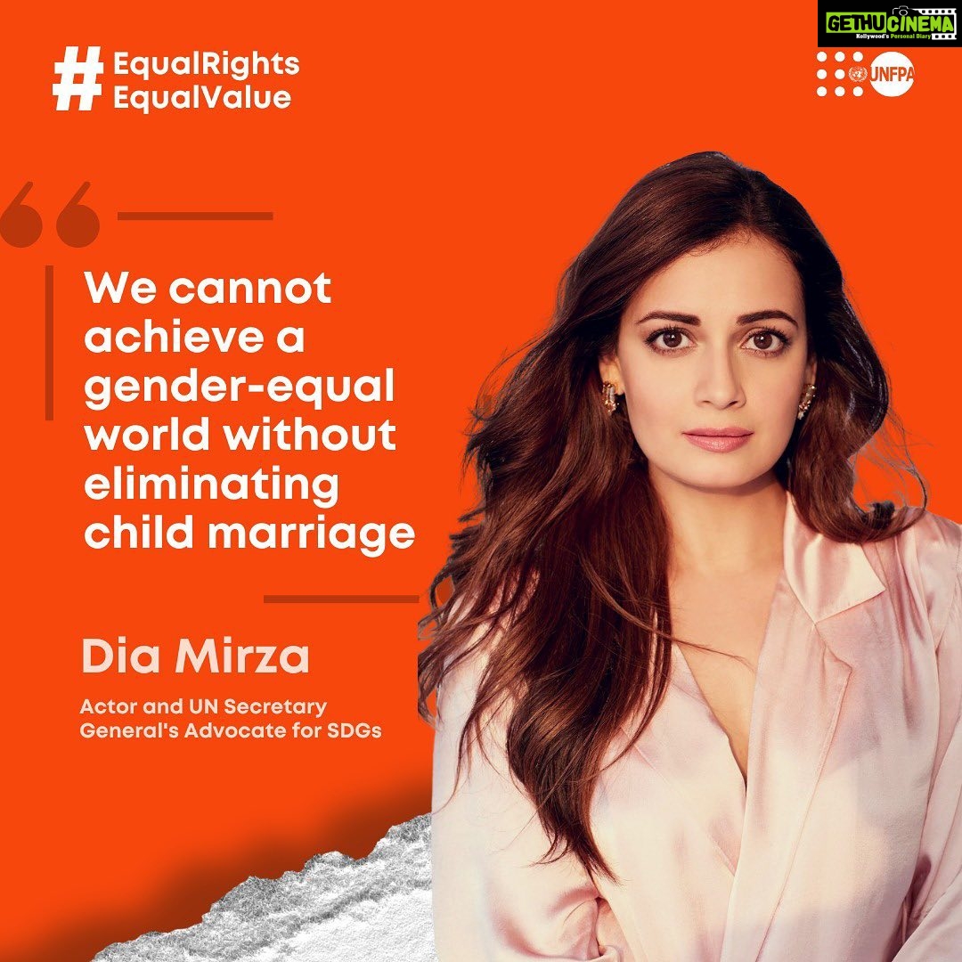 Dia Mirza Instagram - #ChildMarriage is a human rights violation yet 1 out of 4 women in India are married before the age of 18. Without eliminating this harmful practice, we cannot achieve the @globalgoals. To #EndChildMarriage, we must dismantle deep-rooted harmful gender norms and practices that undervalue girls and deny their rights. This #DayoftheGirl, join me and @unfpaindia in celebrating #EqualRightsEqualValue for all! Use the filter on @unfpaindia 's page to click a picture or a video and share how you or your parents/family/community are contributing towards a gender-equal world by promoting and ensuring equal rights and equal value 🧡🌏