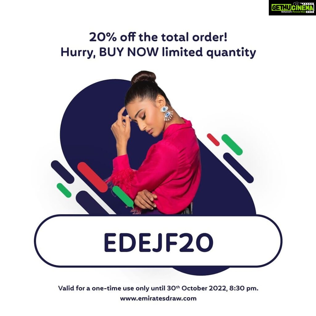 Erica Fernandes Instagram - Make the most of this offer and go get your tickets now from our website www.emiratesdraw.com 💻 Where you can play any of our games. And don't forget the coupon code EDEJF20 for 20% off on your total order. Minimum purchase of 3 EASY6 tickets or 1 MEGA7 ticket valid for a one time use only until 30th October 2022, 8.30 pm UAE time. Limited time offer. Let's see you get your hands on it first. 😉 coz you may never know, if you might happen to be our millionaire after all. 💵 💸💰