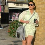 Huma Qureshi Instagram – Soaking the London Sun ☀️ #Neon is the new #Black like my #coffee