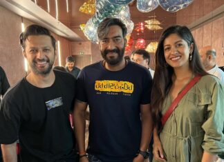Ishita Dutta Instagram - With our on screen father 😜 Just watched Runway34 …an edge of seat thriller… @ajaydevgn as The director The actor simply superb!! #Runway34 #ajaydevgan