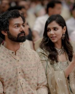 Kalyani Priyadarshan Instagram - 21.08.2022 our boy @visakhsubramaniam got engaged. 🤍

I think from fear after seeing my colorful wardrobe this past month, I was strictly instructed to wear ‘light pastel ethnic’ for this one. 

Look : @nikhitaniranjan @archanajaju.in @kalyanjewellers_official