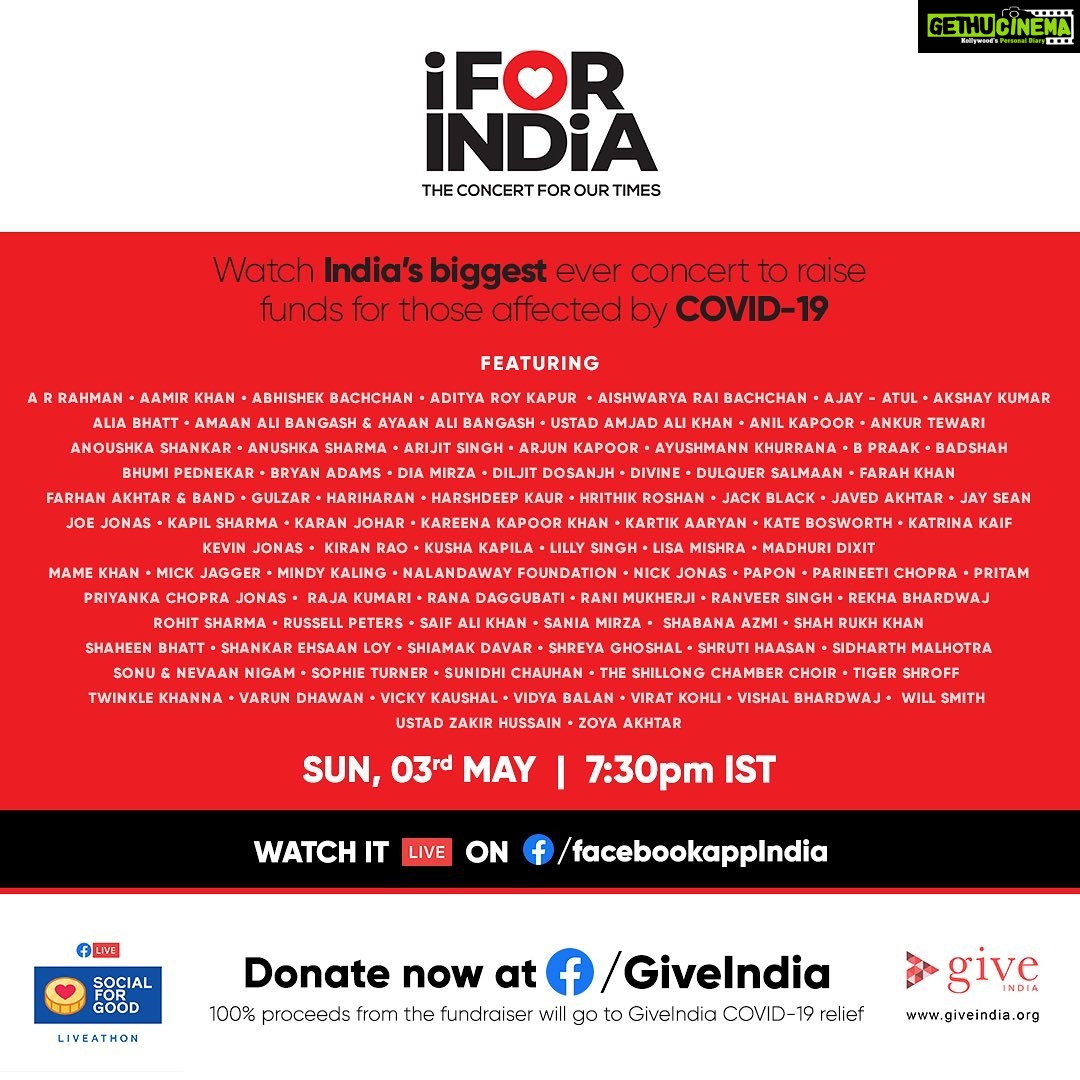 Kartik Aaryan Instagram - Two weeks ago, we started work on India’s biggest concert. To entertain people who are locked-down at home. To pay tribute to those who work on the frontlines while we work from home. And to raise funds for those who have no work and no home. And when we were just days away from the concert, we lost two of our leading lights: #IrrfanKhan and #RishiKapoor. A stark reminder that life is fleeting. We must play our part. And keep the show going. So with a prayer in our hearts and a song on our lips, we bring you #IFORINDIA the concert for our times. 3rd May, 7:30pm IST. Watch it LIVE worldwide on Facebook. 100% of proceeds go to the India COVID Response Fund set up by @give_india Tune in. Donate now. Do your bit. Link in bio. #SocialForGood