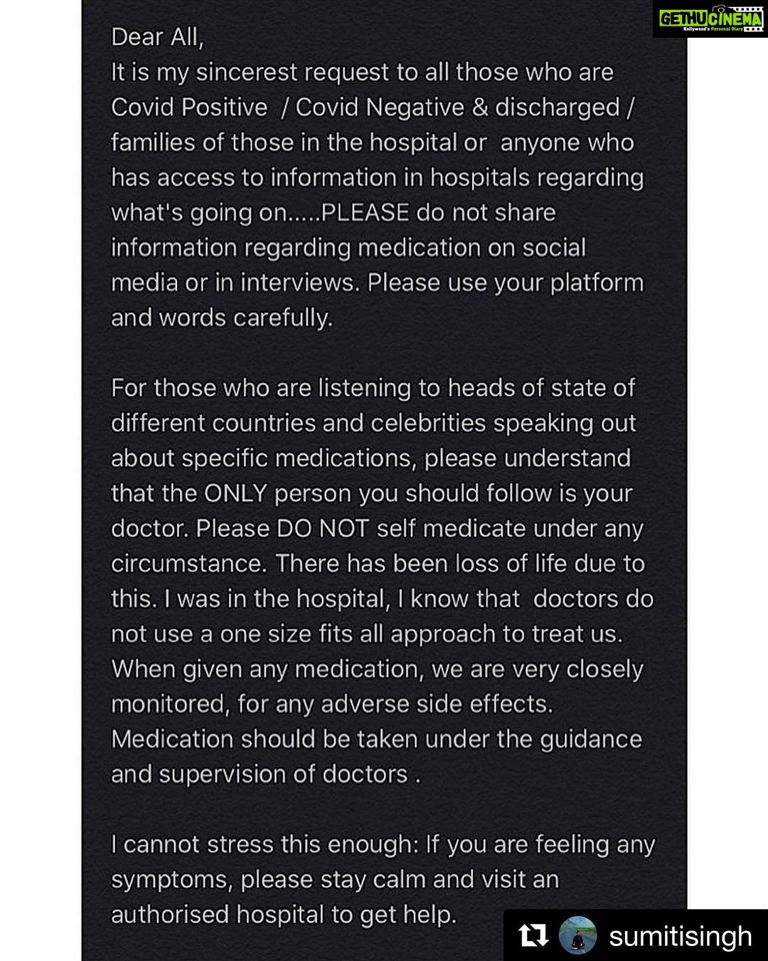 Kartik Aaryan Instagram - Very Important Msg !! Self Medication especially HydroxyChloroquine can be very very Risky !! People have lost their lives due to self medication. Lets be Responsible and well Informed 🙏🏻 ... #Repost @sumitisingh I have seen some interviews and posts recently and hence am reaching out with the following msg.... #covidindia