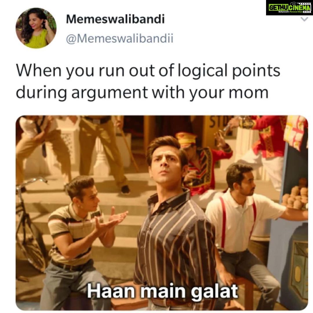 Kartik Aaryan Instagram - Mummy kabhi galat nahi hoti #Raghu Mumma’s boy 👦🏻 #HaanMainGalat 😂🔥 #LoveAajkal ... #Repost @memeswalibandi This line deserves the "Best Come Back" award 😎
