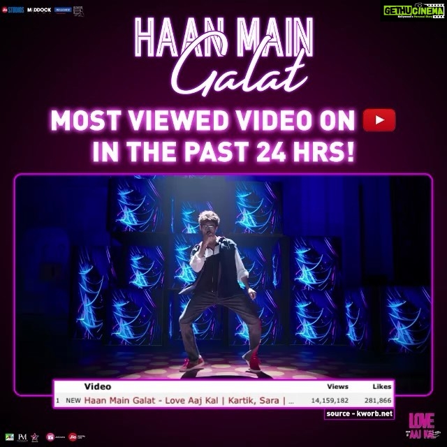 Kartik Aaryan Instagram - Thank you Duniya πππ» #HaanMainGalat also becomes the most viewed video in 24hrs π€π»πΊπ»π₯ #LoveAajKal