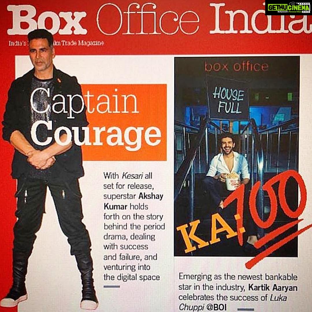 Kartik Aaryan Instagram - This one is Special ❤️ AK n KA on the cover of @boxofficeindiamag 🙏🏻 #KA100 💰 #Repost @kartikaaryanrocks What a deadly combo🔥❤ AK ( #AkshayKumar ) and KA ( #KartikAaryan) together on the latest cover of popular trade magazine #BoxOfficeIndia @kartikaaryan @akshaykumar
