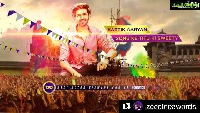 Kartik Aaryan Instagram - Feels Great to be Nominated in the ‘ Best Actor Male ‘ Category 🙏🏻 for #SonuKeTituKiSweety 🙏🏻 Thank u #ZeeCineAwards2019 ❤️ #Sonu 💛💛 . . #Repost @zeecineawards Here are the #ZeeCineAwards2019 nominations for the Viewers' Choice Best Actor - Male! VOTE NOW on www.zeecineawards.com or on the @zee5 app and watch your favourite star bag the trophy! @ranveersingh @varundvn @ayushmannk #RanbirKapoor @kartikaaryan #Bollywood #ZCA #RanveerSingh #VarunDhawan #KartikAaryan #AyushmannKhurrana #ZCAViewersChoice