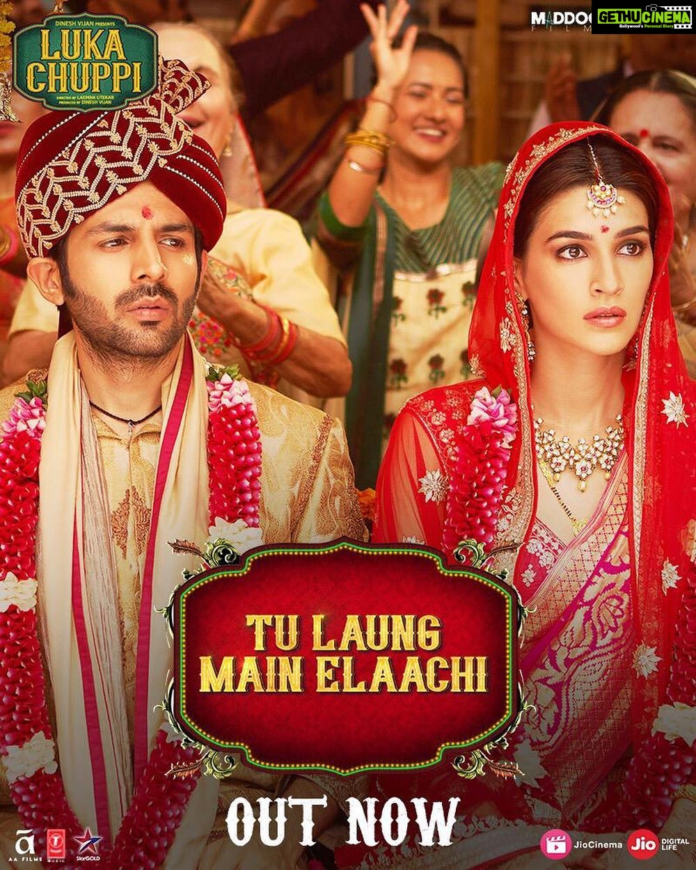 Kartik Aaryan Instagram - Live in ka toh nahi par Guddu aur Rashmi ki Shaadi ka gaana toh out kar sakte hai 🤫🤫❤️❤️ #TuLaungMainElaaichi out now Link In Bio !! @kritisanon #DineshVijan @laxman.utekar @MaddockFilms @officialjiocinema @tseries.official #BhushanKumar @tanishk_bagchi @tulsikumar15